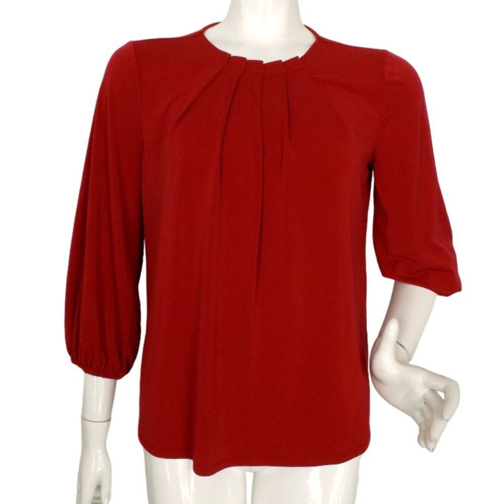 ADRIANNA PAPELL Blouse, S, Red, Origami Neck, 3/4 sleeves, Keyhole/Button Back